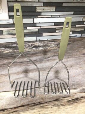 Vintage Green Handle Potato Mashers Set of 2 Stainless Steel Kitchen Utensils.